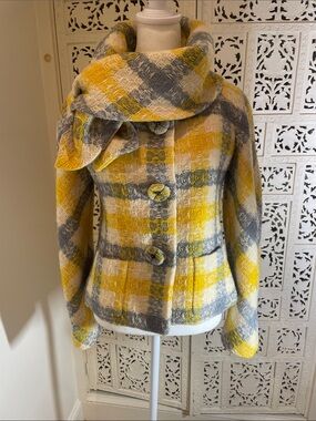 Vintage Emanuel Ungaro Yellow Gray Cream Plaid Scarf-Collar Jacket